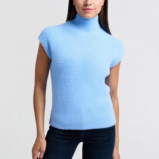 Pull ajusté sans manches, col montant, tout doux