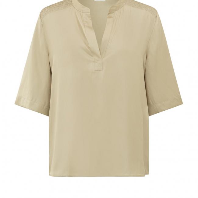 Top en satin à col V, manches courtes et détails smockés