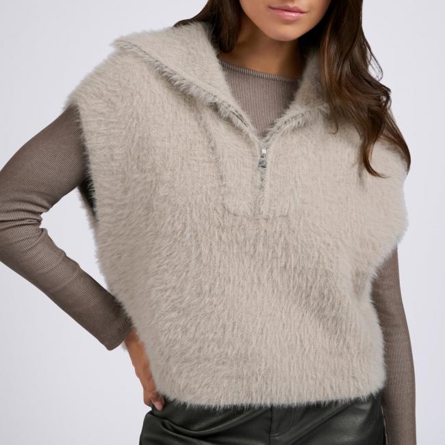 Pull sans manches tout doux, col montant zippé, coupe ample