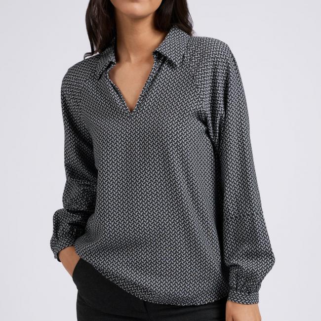 Blouse à motif, manches longues ballon et col V