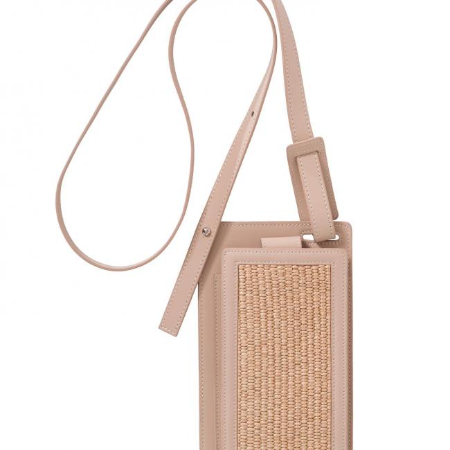 Sacoche iPhone en paille avec anse en cuir et cordon