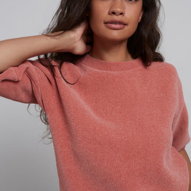 Pull maille chenille, col rond et demi manches longues