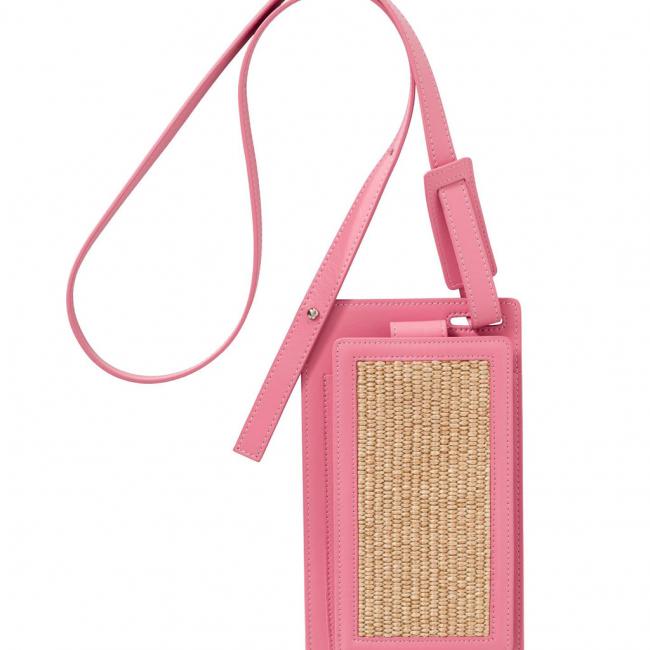 Sacoche iPhone en paille avec anse en cuir et cordon