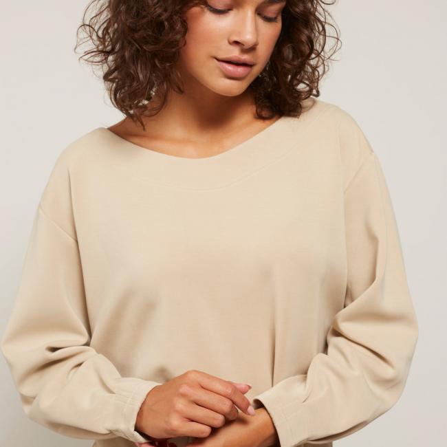 Sweat col bateau, manches longues, détails plissés