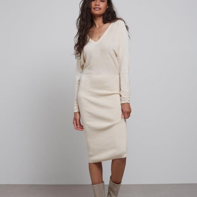 Robe coupe midi, col V, manches longues, près du corps