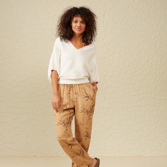 Pantalon taille élastiquée, poches latérales, imprimé bambou