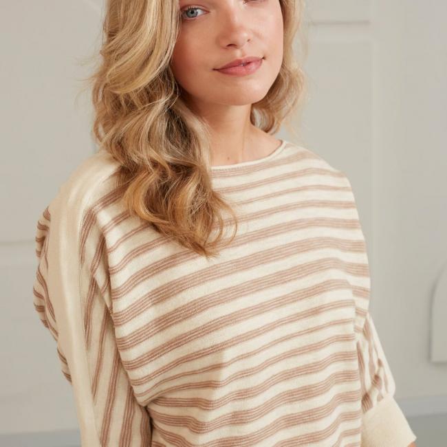 Pull chauve-souris col bateau, demi-manches longues, rayures