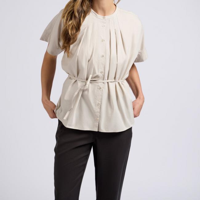 Chemise oversize, col ras du cou, manches courtes, boutons